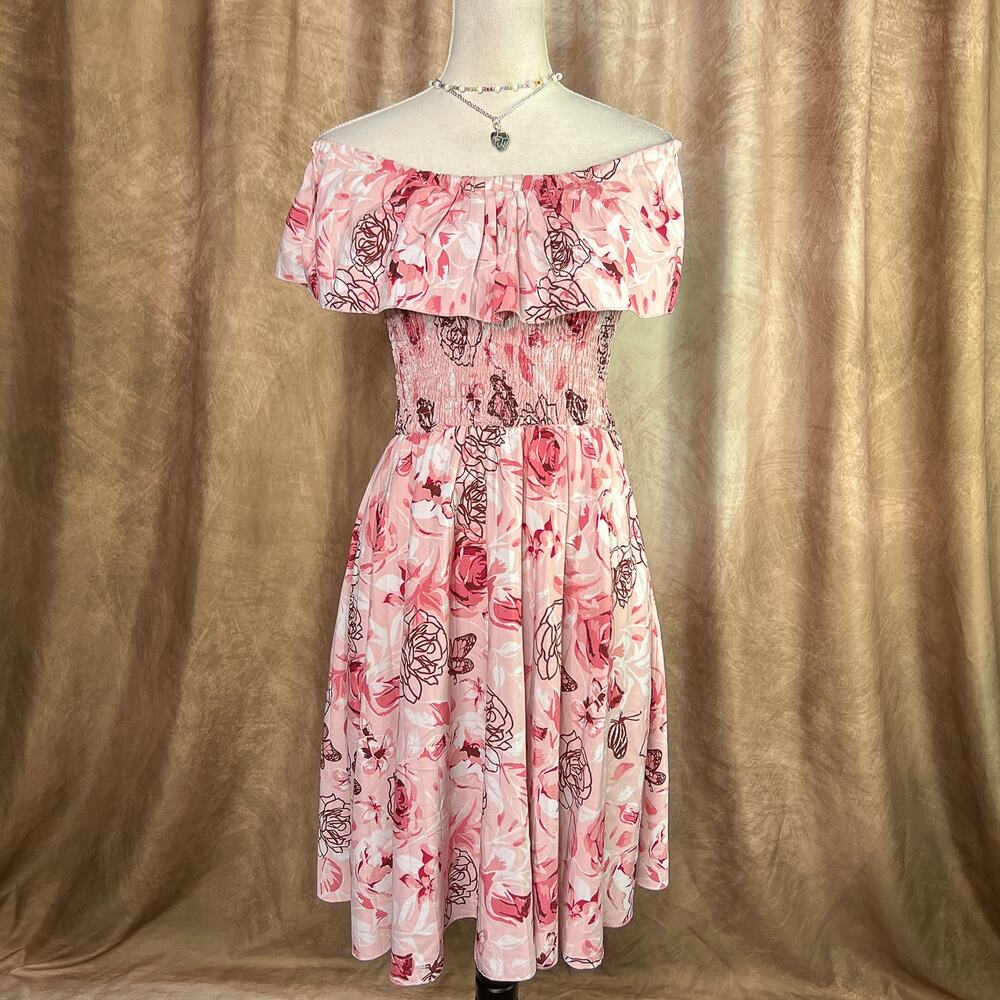 Y2K Ruffled Dress Midi Smocked Top Floral Rose Butterfly Pink Fairy Folk Spring